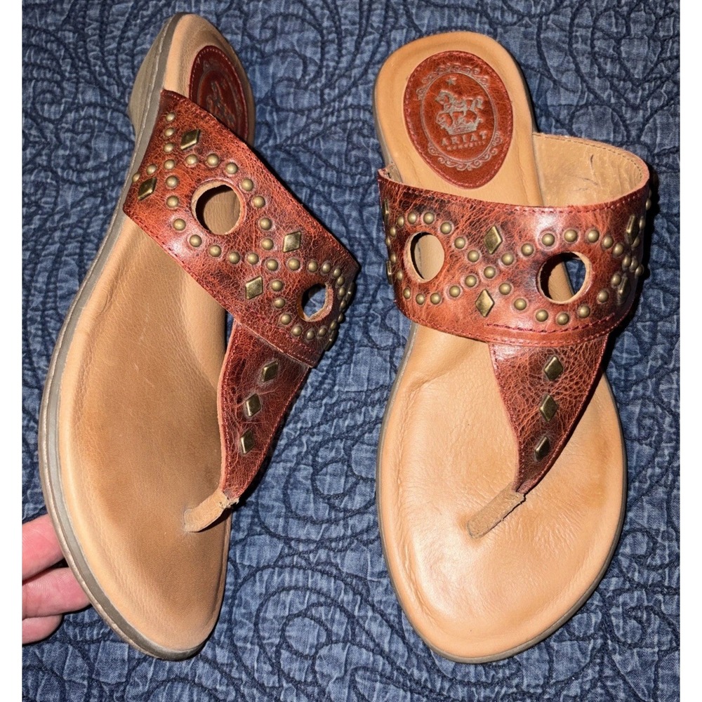 Ariat North Star 7 B Studded Thong Cut Out Sandals Red Brown Flip Flop *read* - Picture 2 of 12